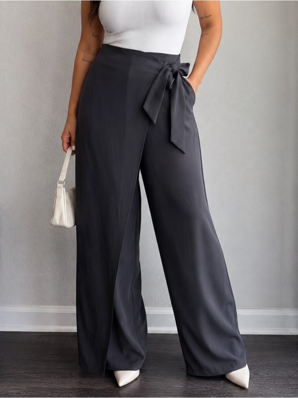 Halara Flex L Charcoal Wrap Front Wide Leg Tie Waist Work Pants